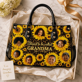 Custom sunflower tote bag for grandma with photo personalization, presented in an elegant gift box with card.