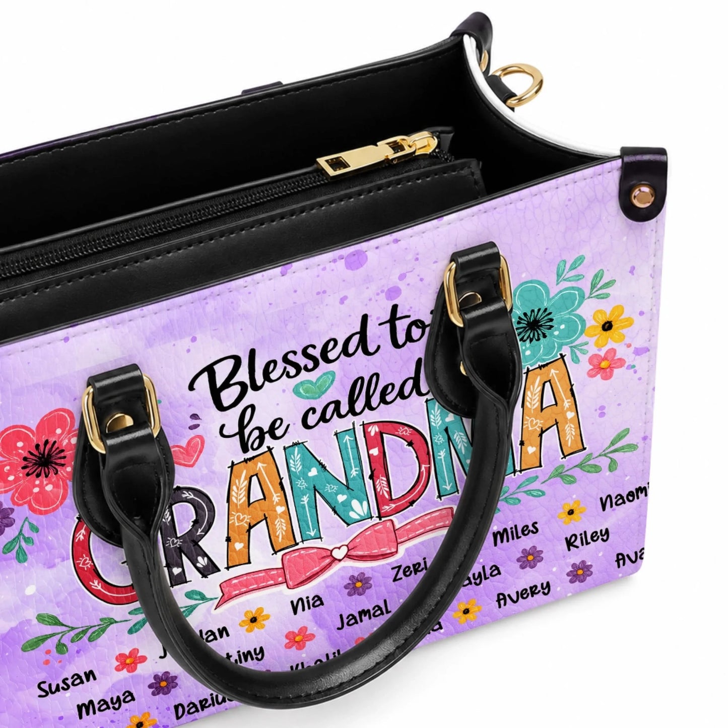 Interior view of a personalized floral tote bag for grandma with Blessed to be called Grandma design on front.