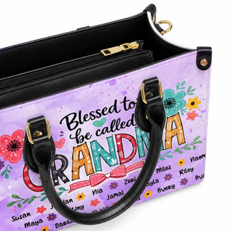 Interior view of a personalized floral tote bag for grandma with Blessed to be called Grandma design on front.