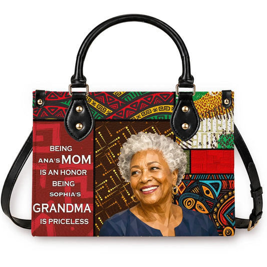 Personalized tote bag for grandma featuring an African heritage pattern and custom portrait with the quote Being Ana's Mom Is An Honor Being Sophia's Grandma Is Priceless.