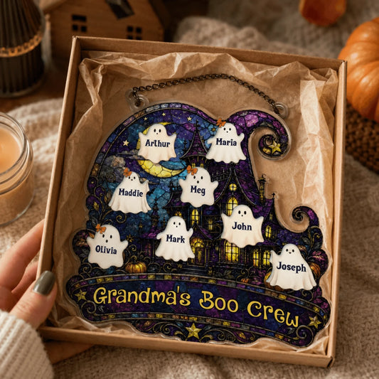 Personalized acrylic suncatcher for grandma featuring ghost characters with family names for a spooky Halloween gift.