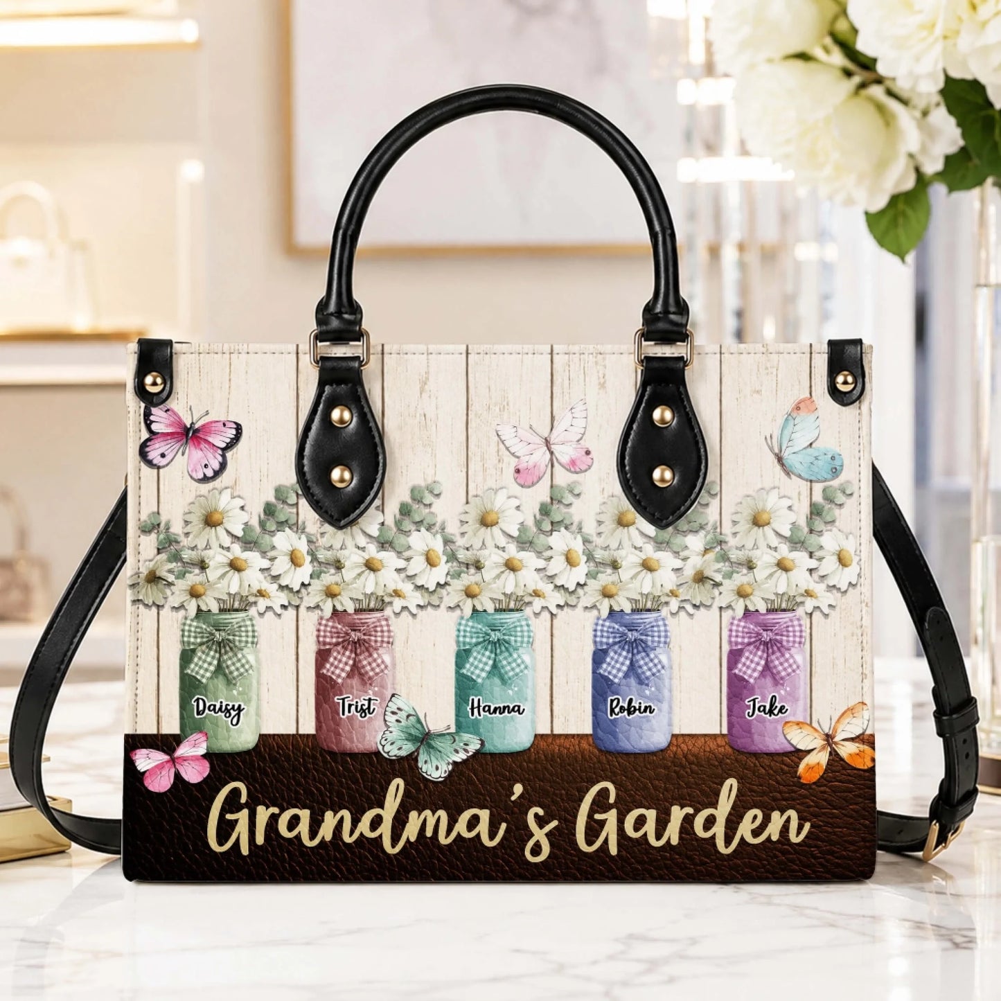 Custom Grandma's Garden handbag featuring colorful mason jar flower vases, personalized names, and butterflies for Mom.