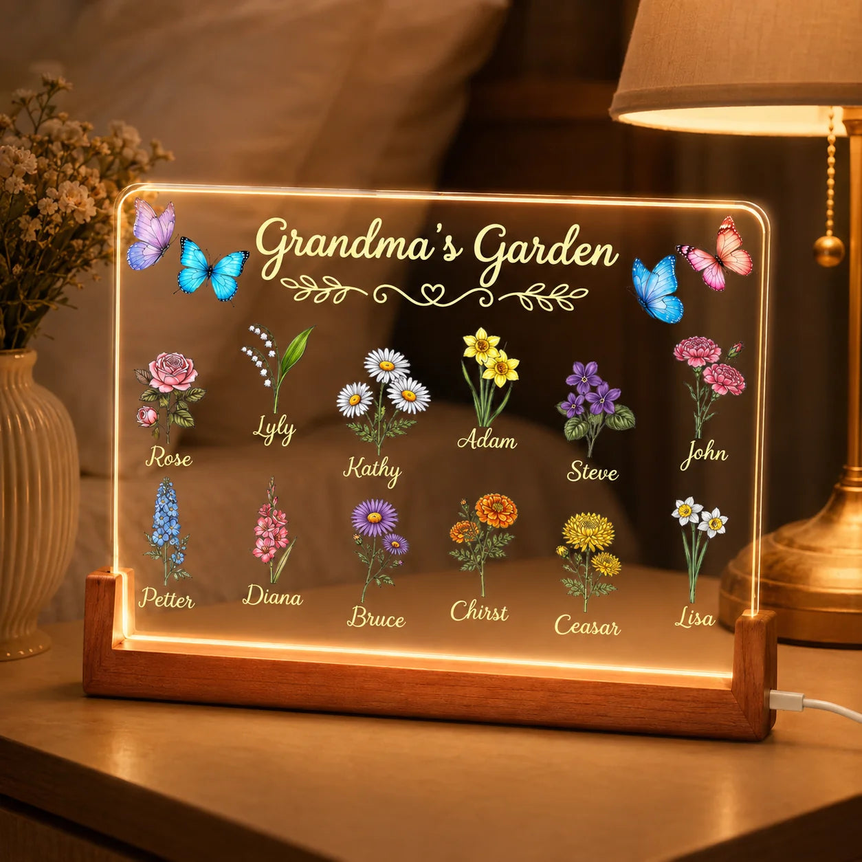 Custom Grandma's Garden LED acrylic night light featuring personalized family member names and colorful floral illustrations.