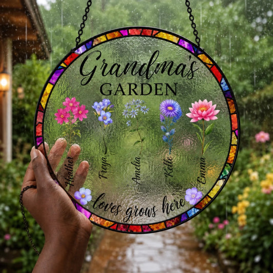 Personalized stained glass suncatcher with floral designs and custom names for a unique Mother Day or grandma gift.