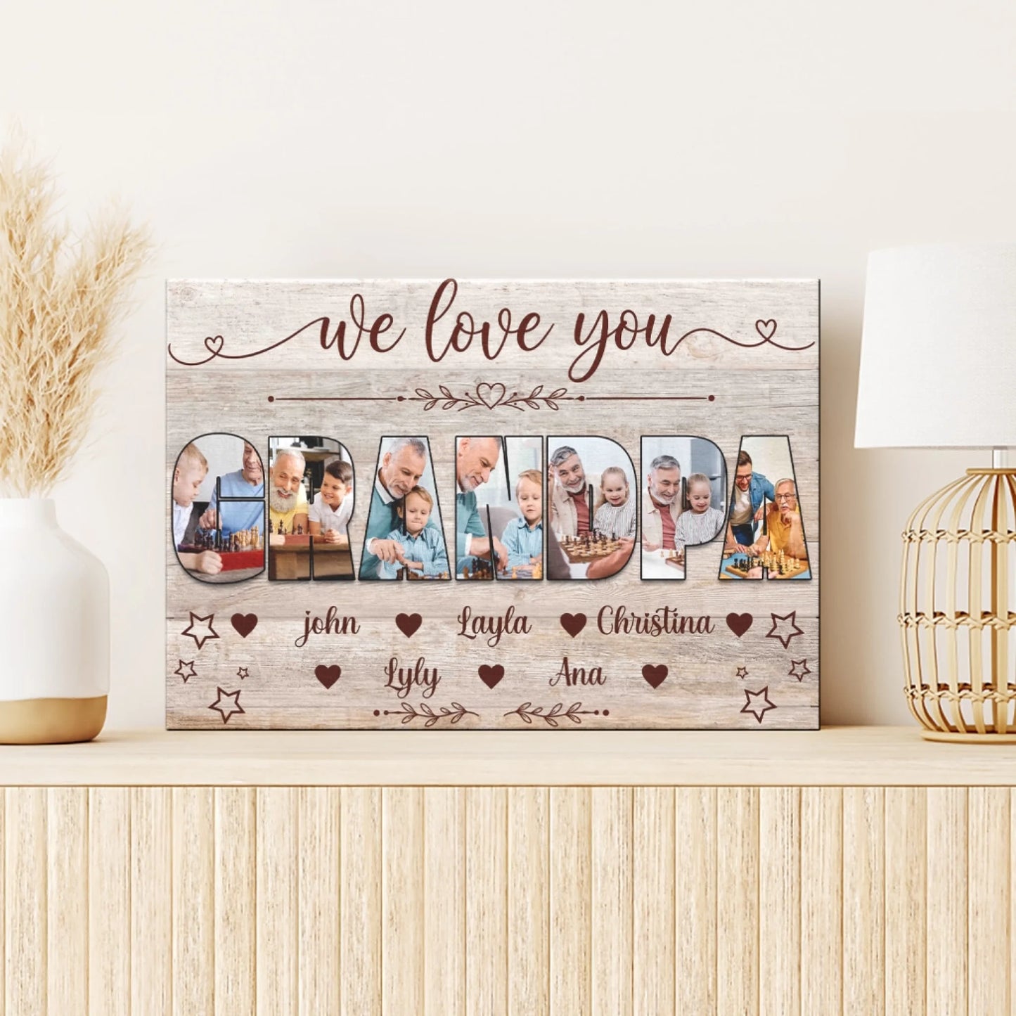 Personalized Grandpa canvas wall art with family photo collage and grandchildren names, perfect for family reunions.