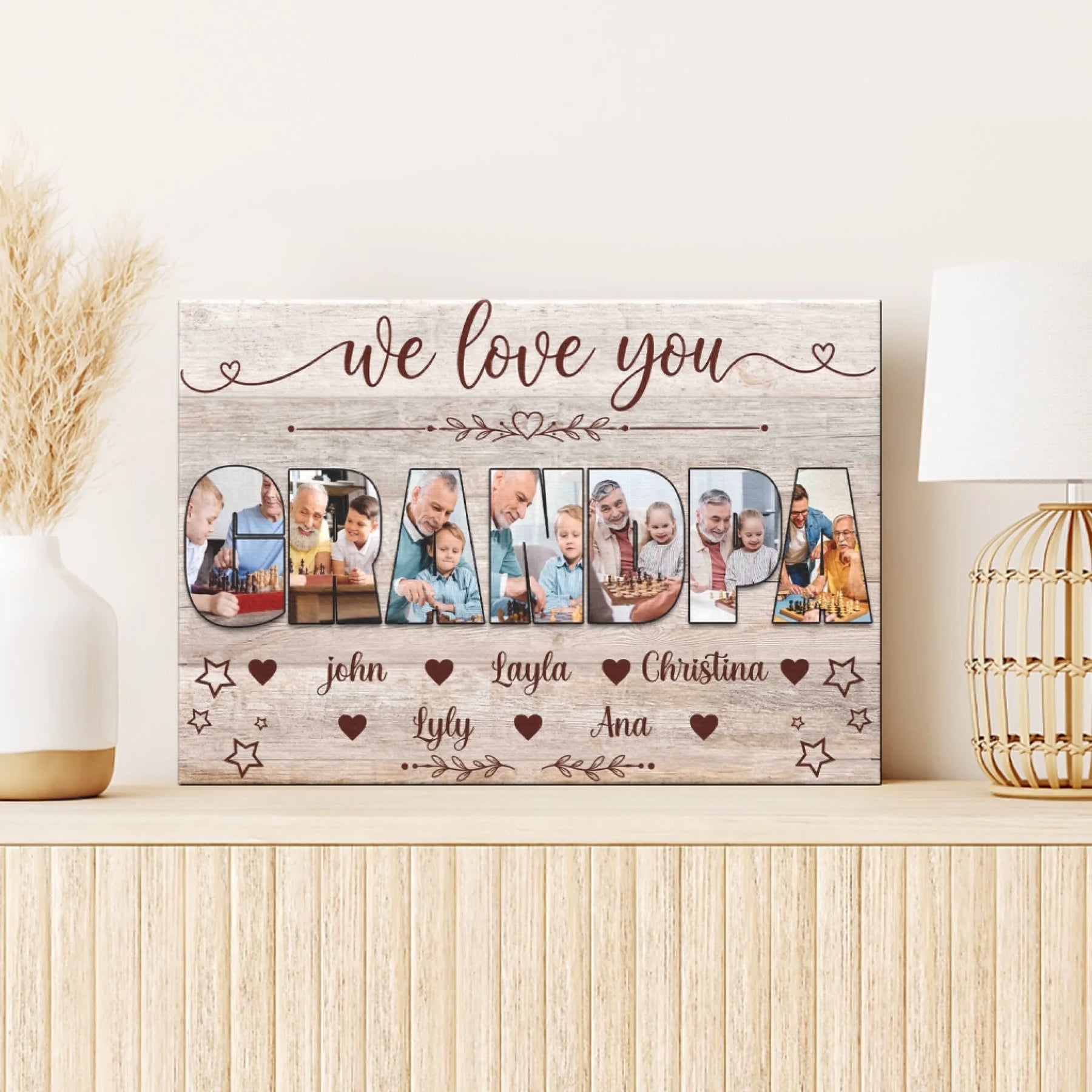 Personalized Grandpa canvas wall art with family photo collage and grandchildren names, perfect for family reunions.