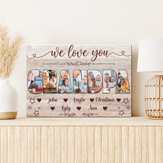 Personalized Grandpa canvas wall art with family photo collage and grandchildren names, perfect for family reunions.