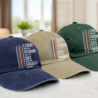 Three baseball caps with text on a blurred indoor background