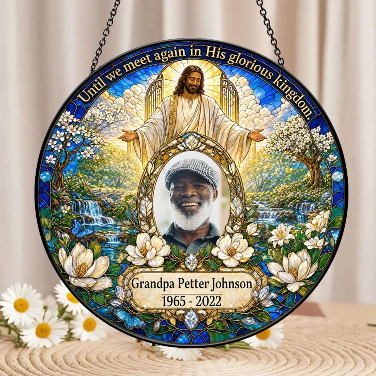 Custom memorial circular stained glass suncatcher honoring a beloved grandfather with a photo and commemorative dates.