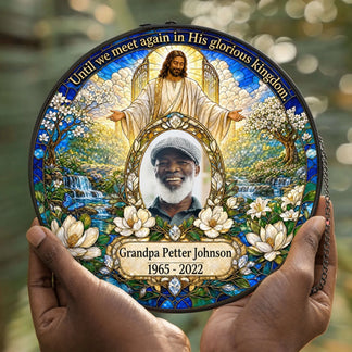 Custom memorial stained glass suncatcher featuring a personalized photo, name, and dates as a heartfelt sympathy gift.