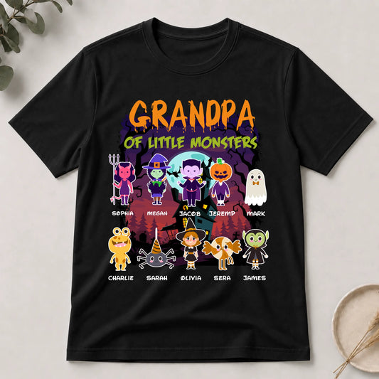 Custom Halloween t-shirt for grandpa titled Grandpa of Little Monsters with adorable monster avatars and custom names.
