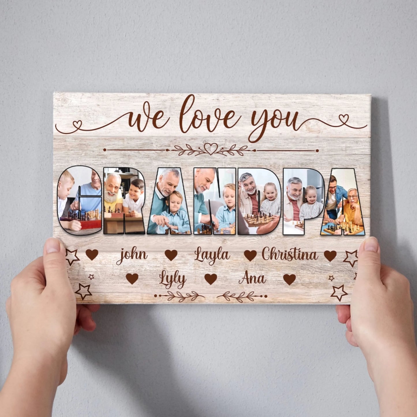 Custom grandpa canvas print featuring multiple family photos and grandchildren names for Father Day or birthday gift.
