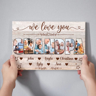 Custom grandpa canvas print featuring multiple family photos and grandchildren names for Father Day or birthday gift.