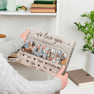 Custom grandpa canvas with family photos and names of grandchildren, a heartfelt personalized gift for grandfathers.