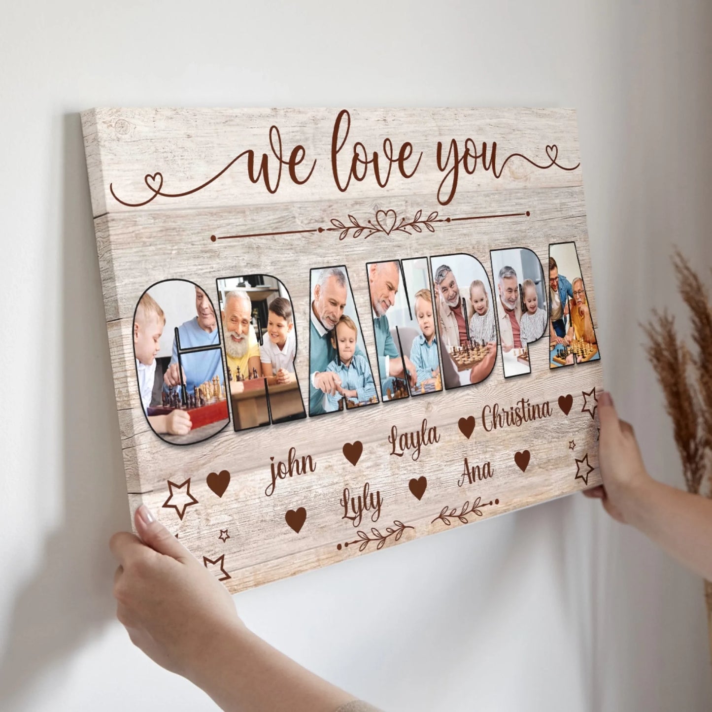 Custom grandpa photo collage canvas print with grandchildren names, a sentimental personalized gift for grandfathers.