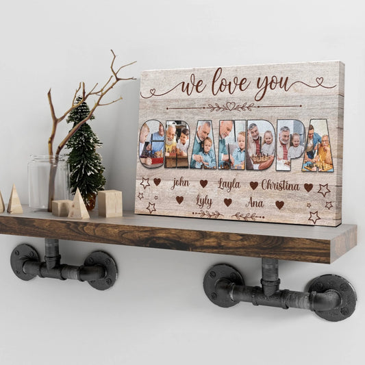 Custom wooden wall sign for grandpa with photo collage of grandchildren and personalized names as a family gift.