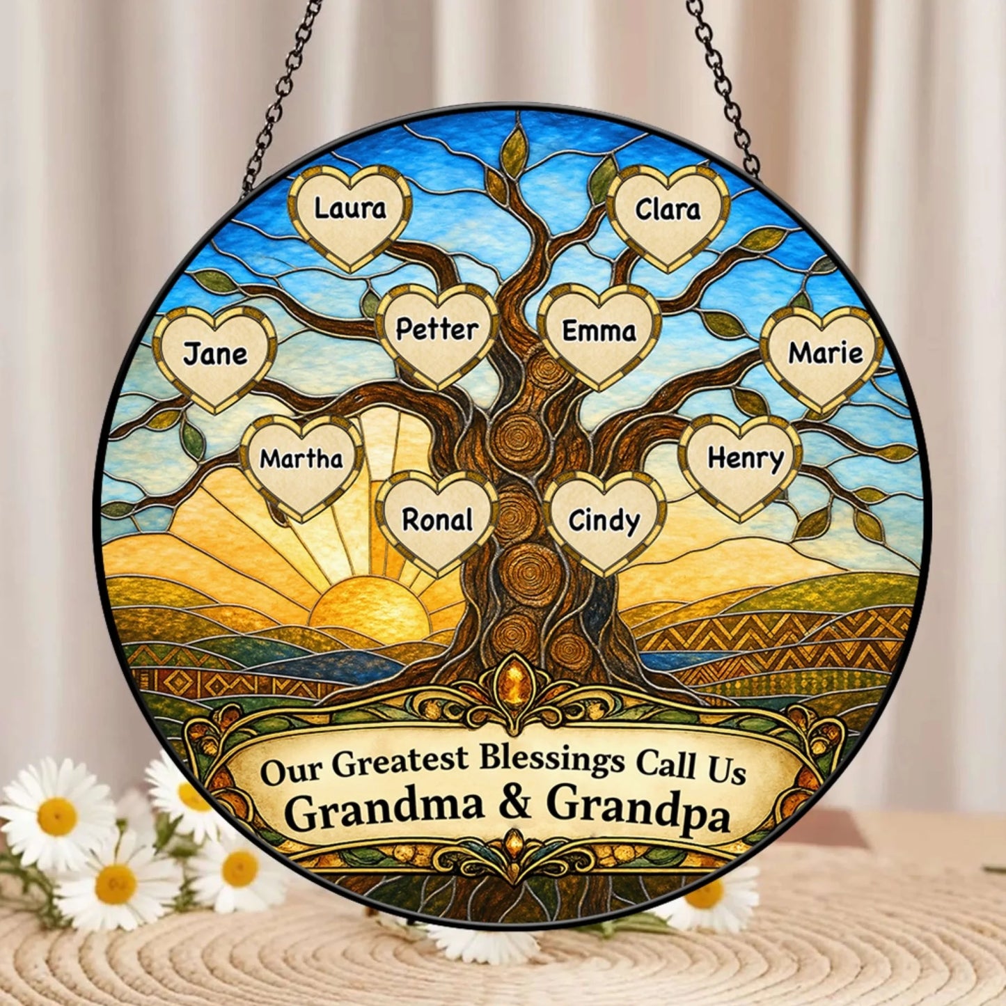 Round stained glass suncatcher displaying a family tree with custom names a thoughtful gift for grandma and grandpa.