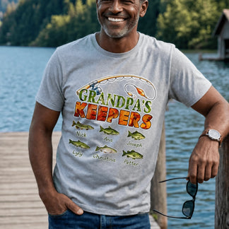 Custom fishing graphic t-shirt for men, featuring a rod and fish with personalized names for family members.