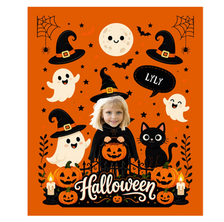 Custom Halloween fleece blanket personalized with a child's photo and the name Lyly, perfect for holiday decoration.