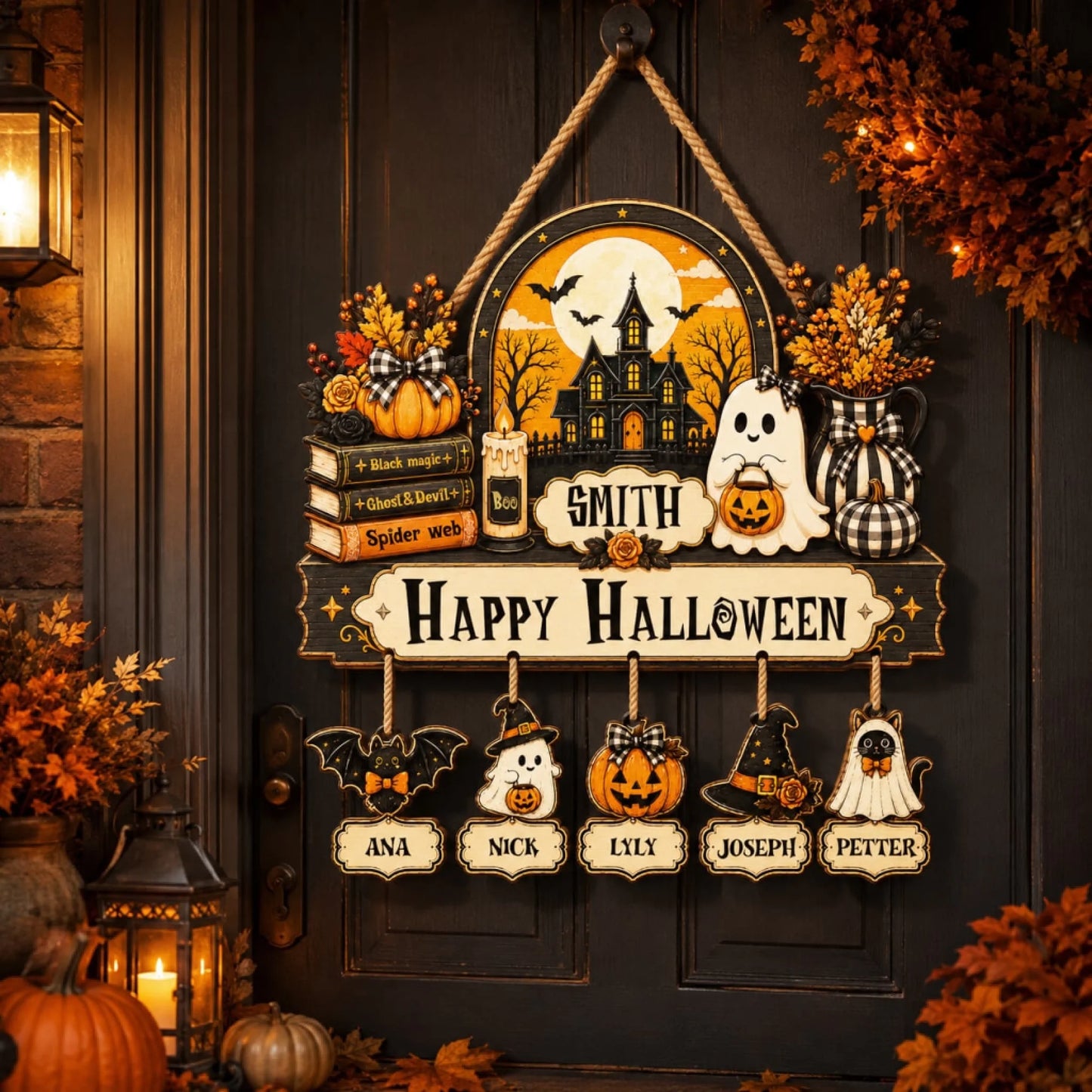 Personalized Halloween door hanger with a haunted house scene and dangling ornaments featuring custom family member names.