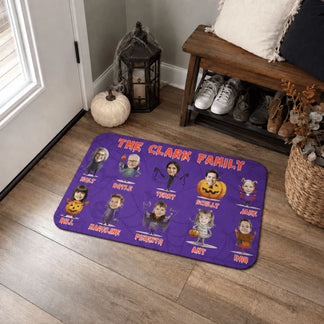 Custom Halloween doormat featuring Clark family characters with individual names in a fun spooky cartoon design.