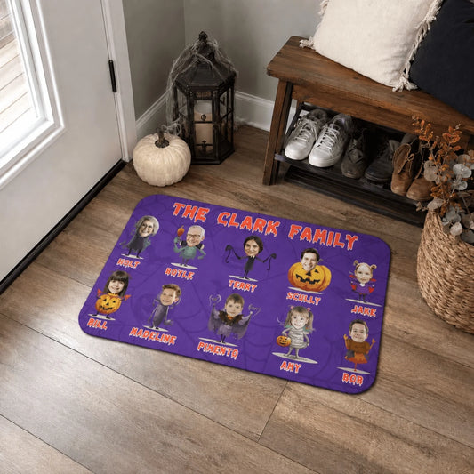 Custom Halloween doormat featuring Clark family characters with individual names in a fun spooky cartoon design.