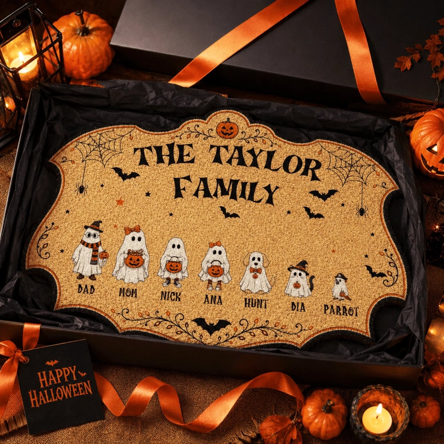 Personalized Halloween wooden sign featuring a family of ghosts including a dog and parrot for a custom holiday decor.
