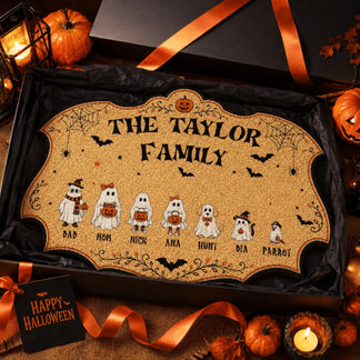 Personalized Halloween wooden sign featuring a family of ghosts including a dog and parrot for a custom holiday decor.