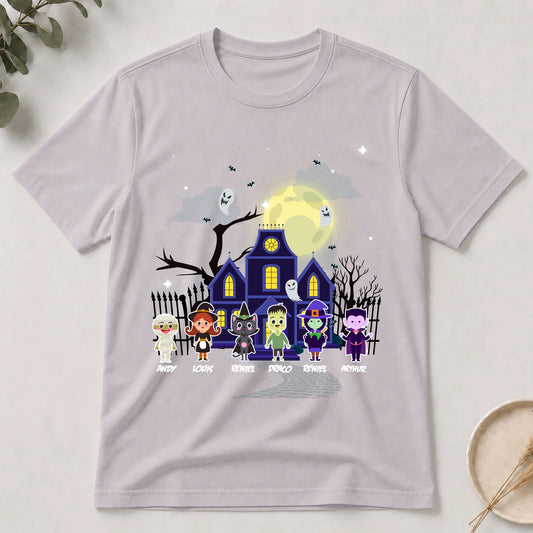 Personalized family Halloween t-shirt featuring a spooky haunted house scene with custom names for kids and adults.