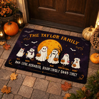 Custom family halloween doormat with ghost characters including names for family members and pets for festive home decor.