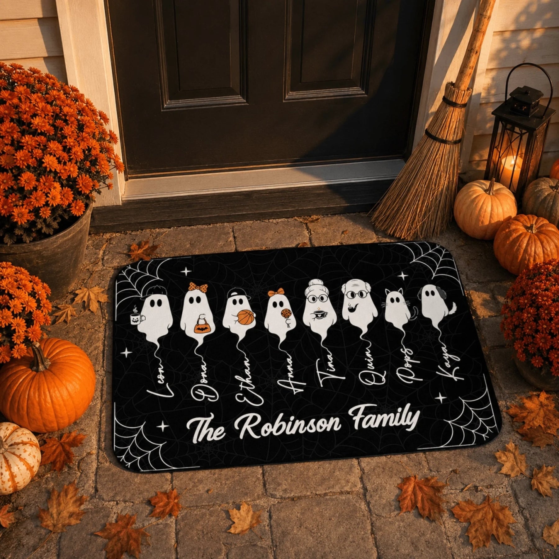 Custom ghost family halloween doormat for the front porch, featuring personalized names and fun ghostly characters.
