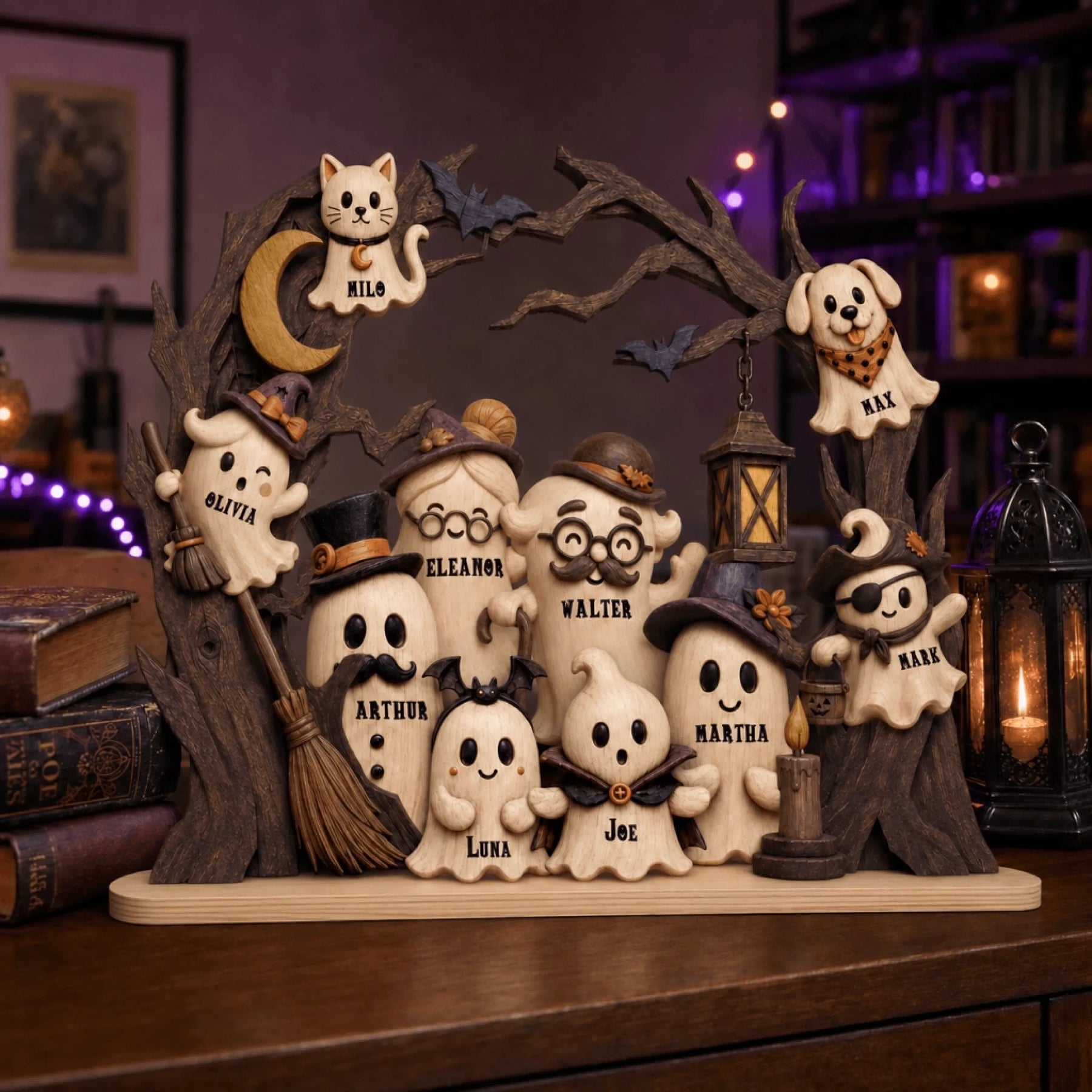 Custom wooden ghost family decoration with engraved names, featuring a cat and dog, perfect for Halloween shelf decor.