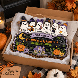Custom Grandma and Grandpa's Haunted House wooden sign with personalized ghost characters, packaged as a Halloween gift.