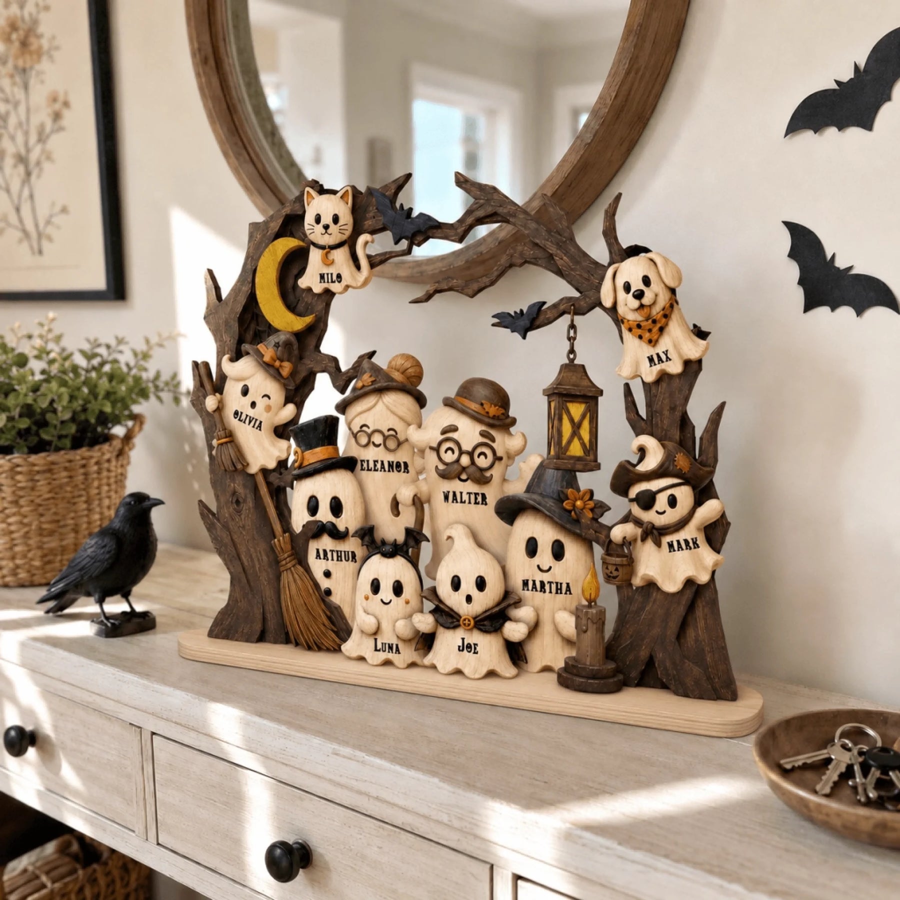 A wooden tabletop decor piece featuring a cute ghost family and pets with personalized names for Halloween home display.