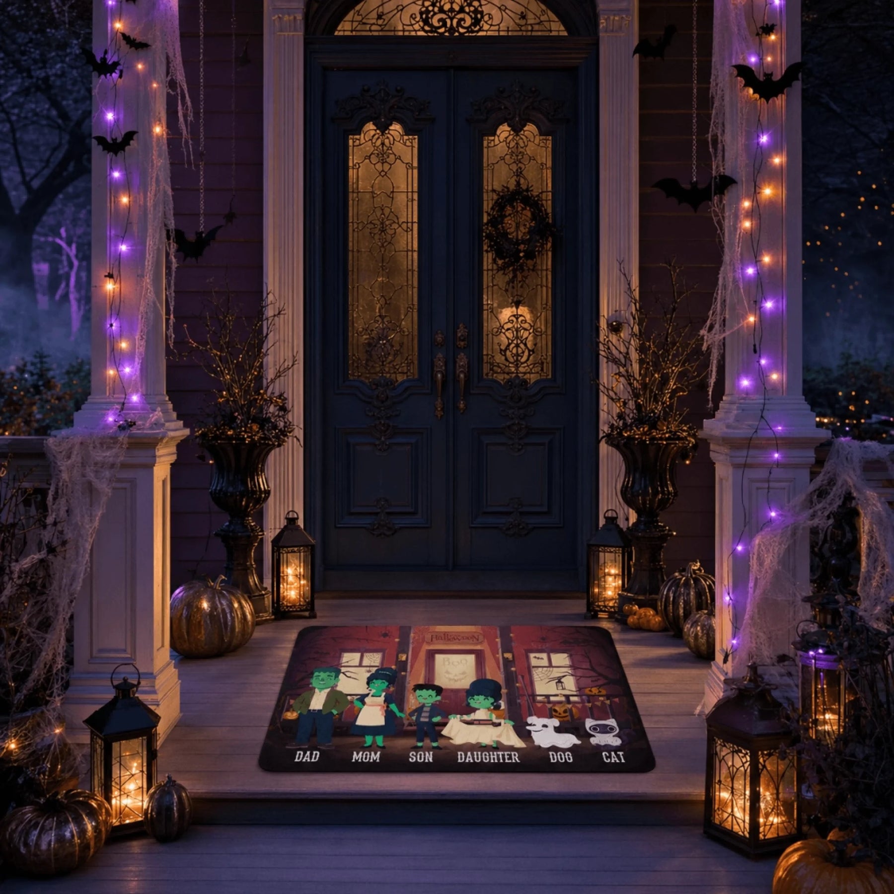 Personalized Halloween doormat displaying a cute monster family cartoon with custom name labels for the whole family.