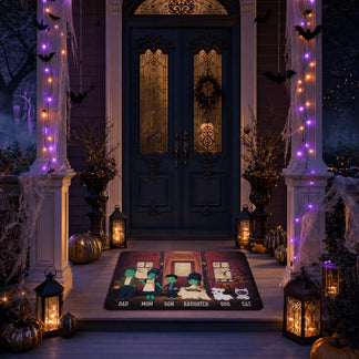 Personalized Halloween doormat displaying a cute monster family cartoon with custom name labels for the whole family.