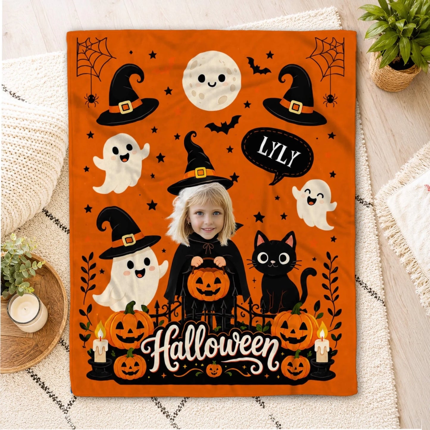 Cozy personalized Halloween fleece blanket featuring a custom photo of a girl and the name Lyly, decorated with ghosts.