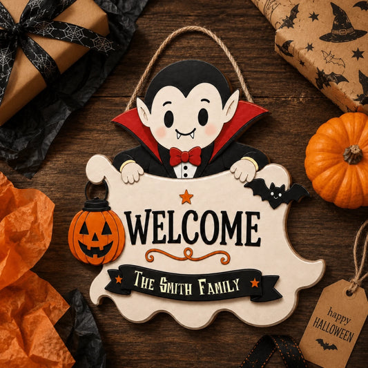 Personalized wooden Halloween sign with a cute vampire character and The Smith Family name, styled as a perfect gift.