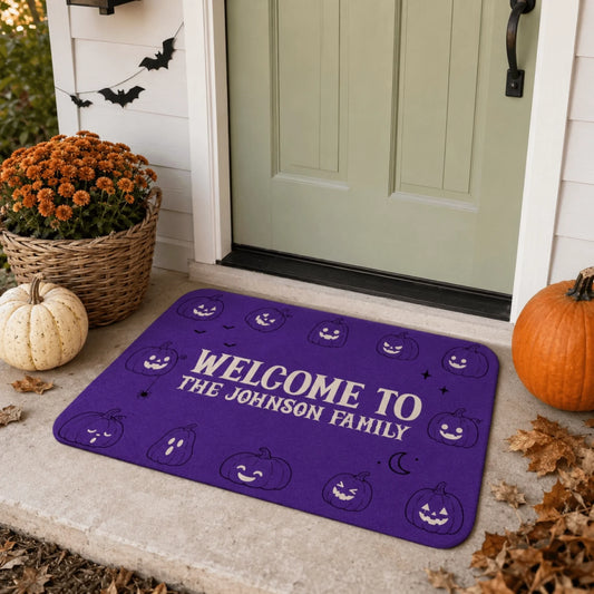 Custom purple halloween doormat with pumpkin patterns welcoming the johnson family perfect for seasonal home decor
