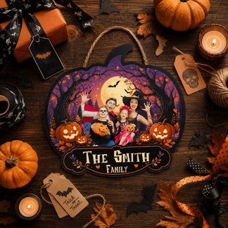 Halloween themed personalized wooden sign with a family photo and The Smith Family name on a rustic wooden desk.