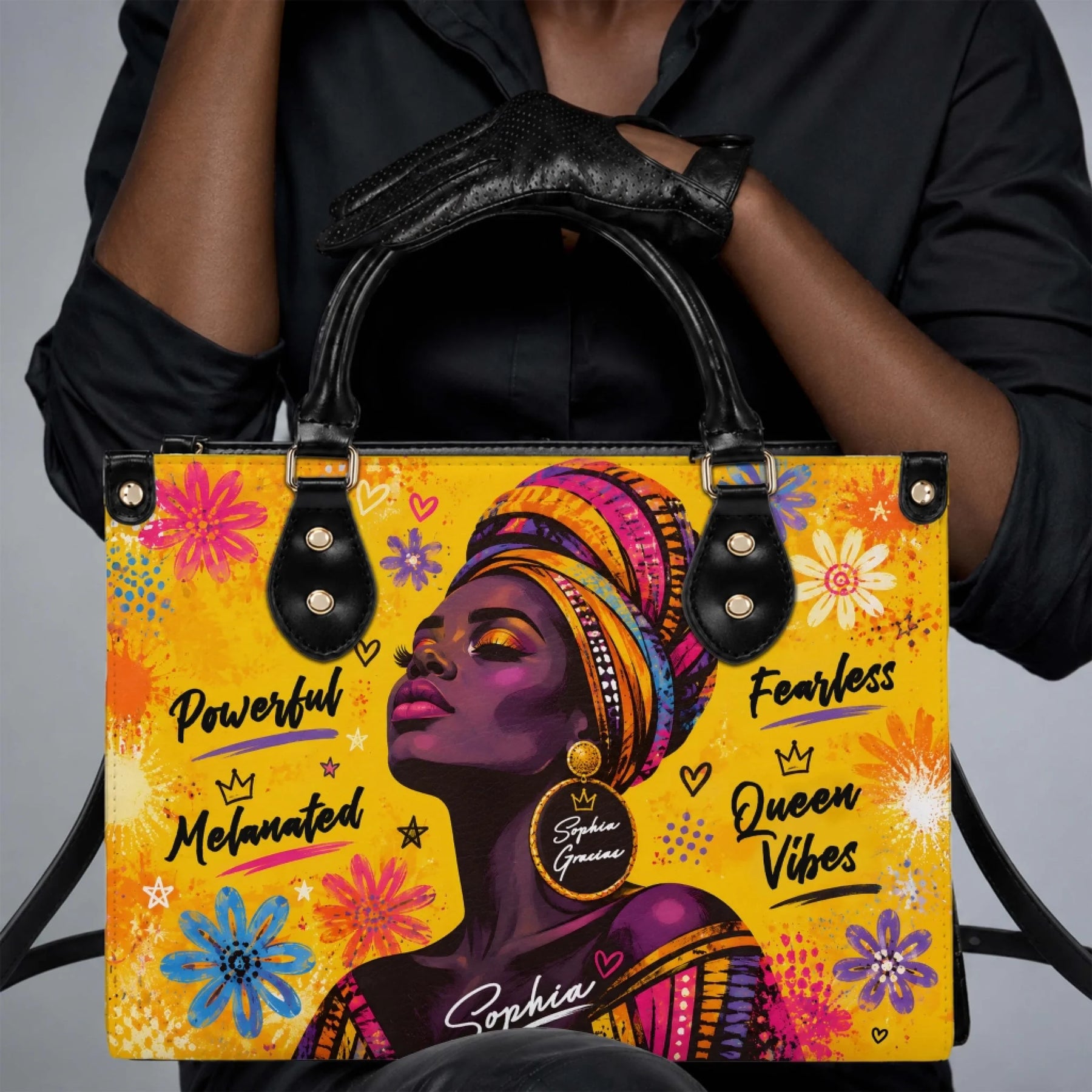 Elegant custom name handbag featuring a vibrant queen vibes artistic print, ideal for a personalized gift.