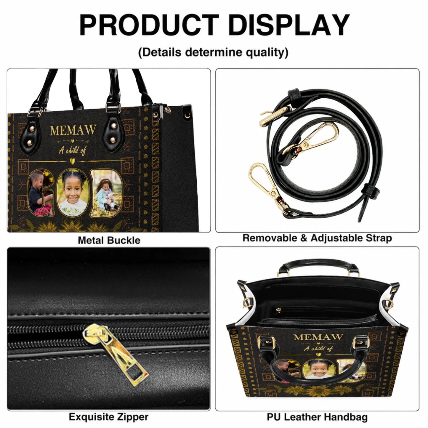 Product display showing a personalized handbag with a removable strap, metal buckle, and a close up of the zipper.