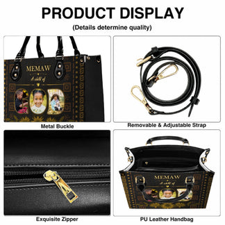 Product display showing a personalized handbag with a removable strap, metal buckle, and a close up of the zipper.