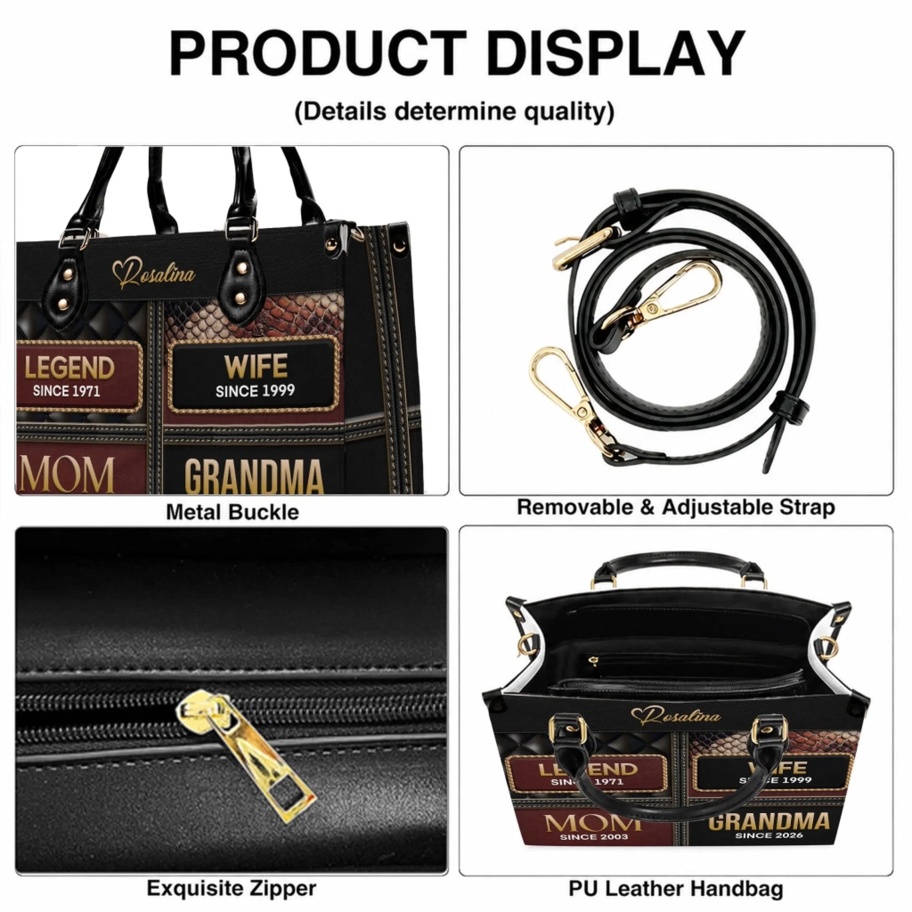 Product display showing the metal buckle, adjustable strap, zipper, and leather texture of a personalized milestone handbag.