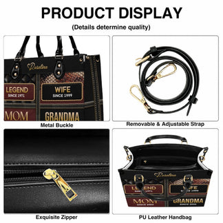 Product display showing the metal buckle, adjustable strap, zipper, and leather texture of a personalized milestone handbag.