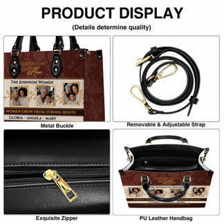 Product display showing the features of a custom photo handbag including the adjustable strap, metal buckle, and zipper.