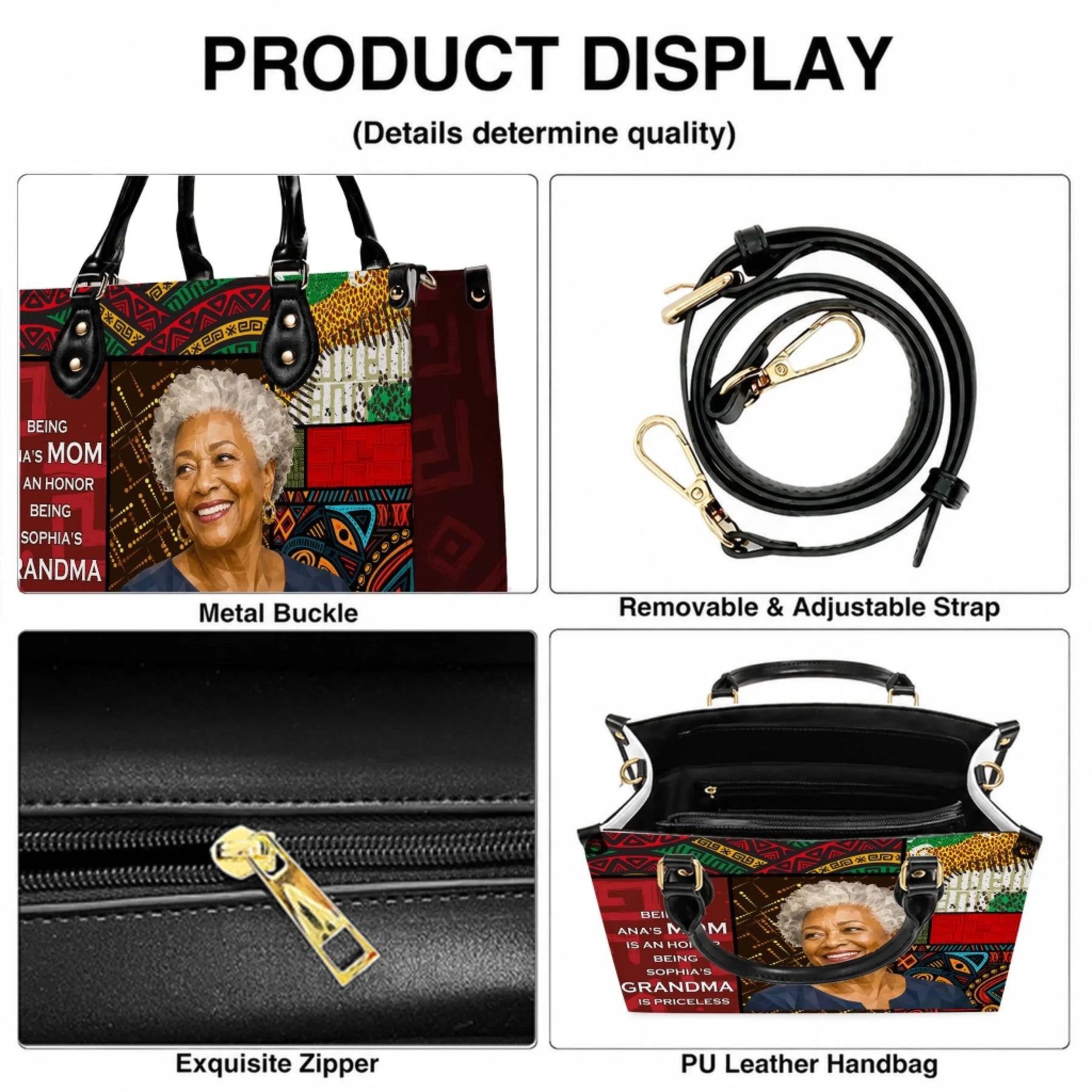 Product display showing the metal buckle, adjustable strap, and sturdy zipper of a custom photo-printed PU leather bag.