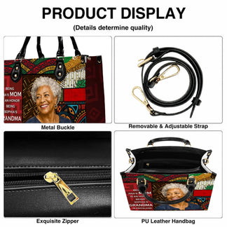Product display showing the metal buckle, adjustable strap, and sturdy zipper of a custom photo-printed PU leather bag.