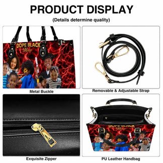 Close up details of a personalized leather handbag featuring a gold zipper, adjustable strap, and metal buckles.