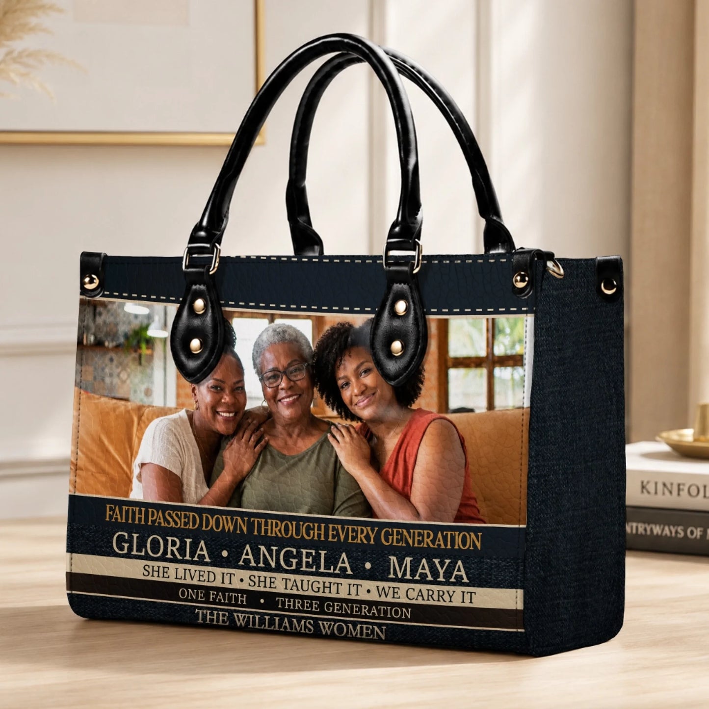 Stylish custom handbag featuring a three generation photo and meaningful text for a unique personalized family gift.